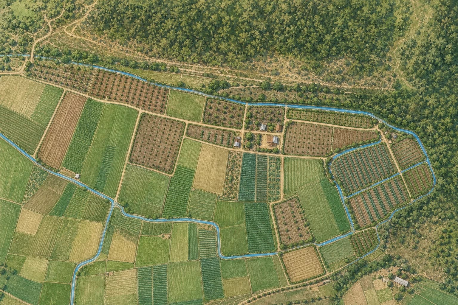 Illustrated aerial map of Chhahari Farm with traced plots, roadway, pavement, parking, and farm landmarks